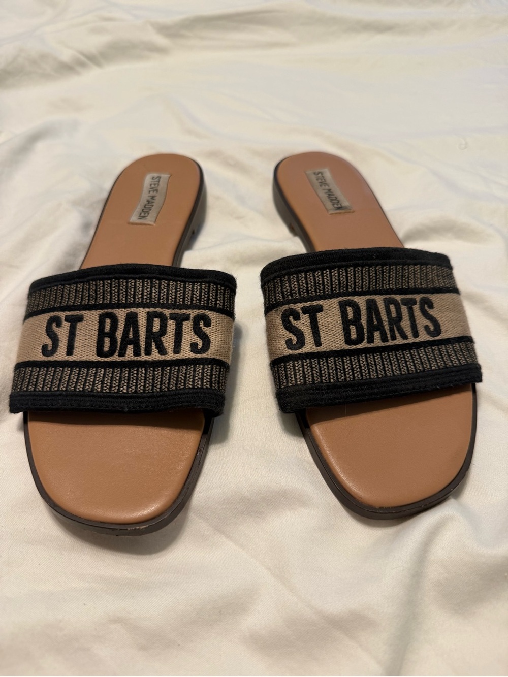 Steve Madden Tan and Black 'ST BARTS' Knox Slide Sandals Size 9